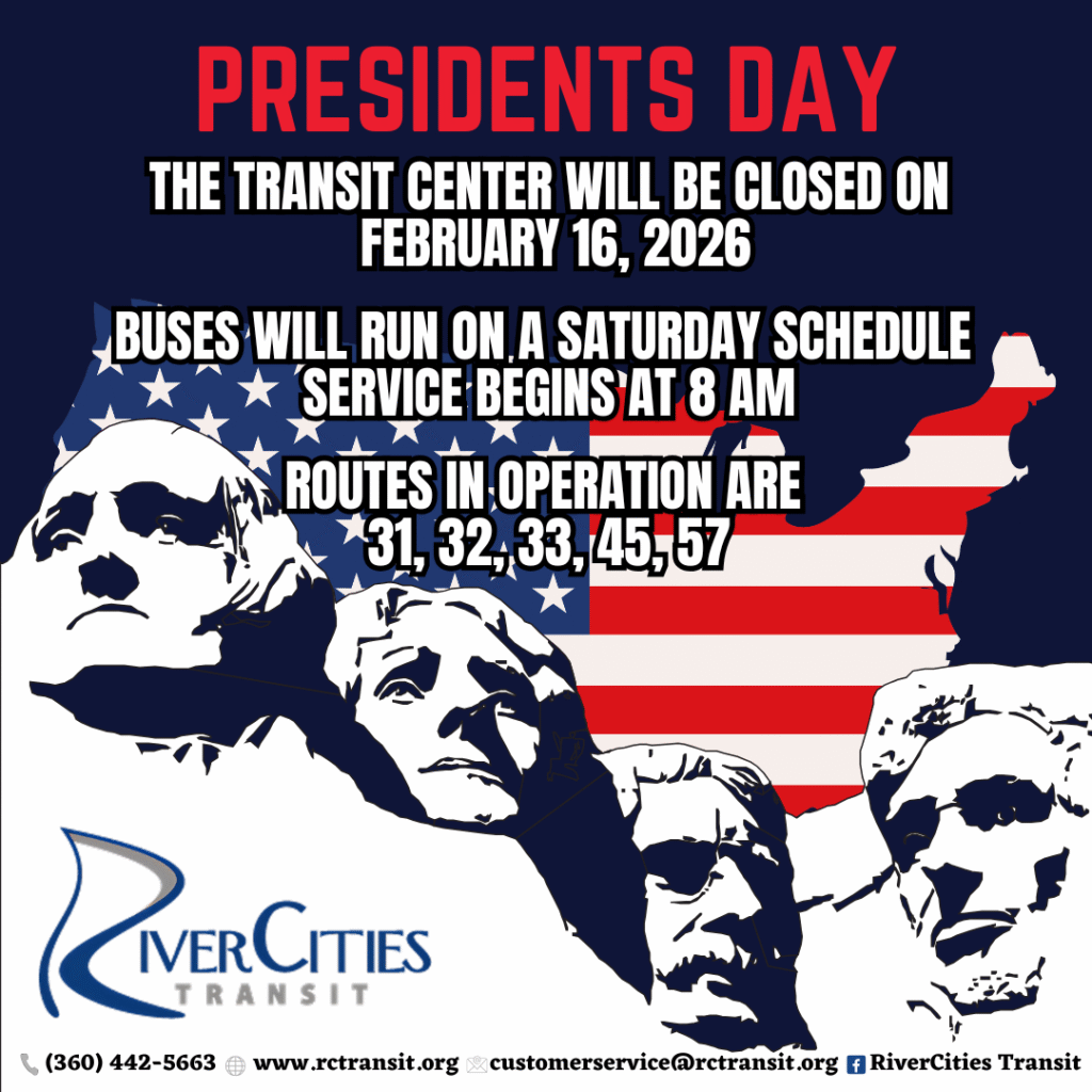 Photo of Mount Rushmore with a Red, white, and blue American flag in the background. Caption reads: Presidents' Day. The Transit Center will be closed on February 16, 2026. Buses will run on a Saturday Schedule. Service begins at 8 am. Route in operation 31,32,33,45,57