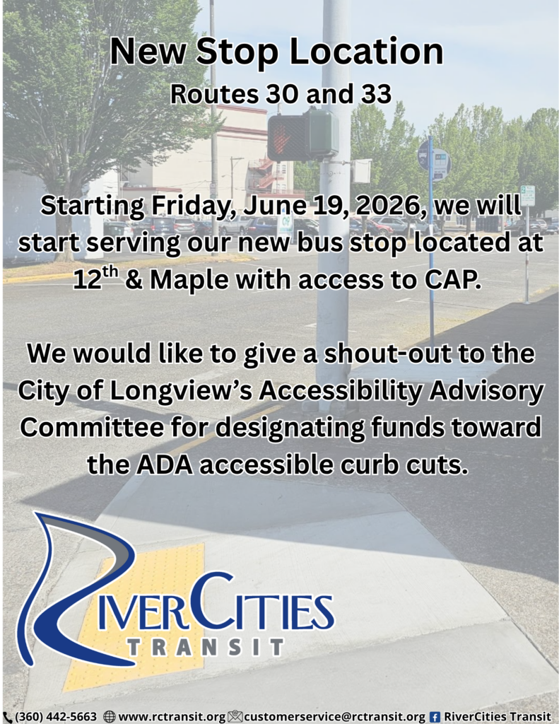 Picture of the new bus stop located at 12th Ave and Maple St. You can see a bus stop pole with route numbers 30 and 33, along with a new curb cut ramp for ADA accessibility. In the background, you can see the building of CAP. Caption reads: New Stop Location