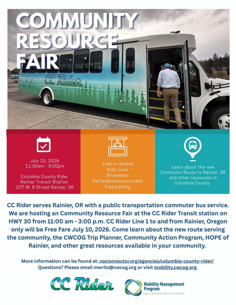 Picture of a CC Rider Bus with a rider boarding the bus. The caption reads: Community Resource Fair. July 10, 2026, from 11 am-3 pm. Free to attend. Kids Zone, and giveaways